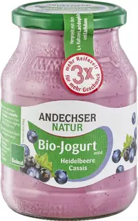 Jogurt blagi z borovnico in črnim ribezom 3,7% bio 500g Andechser