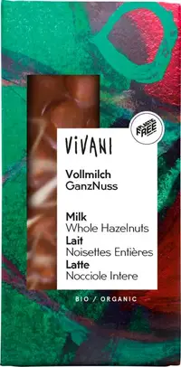 Čokolada mlečna s celimi lešniki bio 100g Vivani